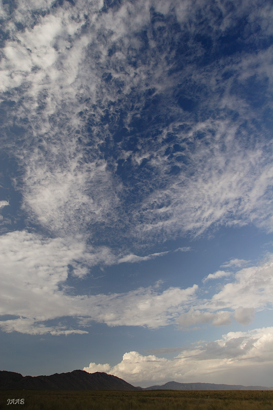Altocúmulos2
Mirando hacia el norte, las 7 de la tarde del 2 de septiembre de 2010. Predominan los altocúmulos en la imagen, aunque en la lejanía, sobre el horizonte, se desarrollan verticalmente algunas nubes. 
NOTA DE FOTOMETEO: Entre las numerosas nubes que pueden verse en esta foto, destacan las que conforman la variedad lacunosus en la zona central y superior de la imagen (ver la definición de dicha variedad en la portada de este álbum)
