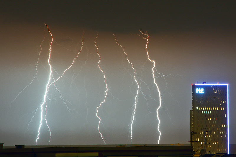 "Lluvia de rayos" / "Ray Rain"
Tormenta sobre Barcelona con mucho movimiento eléctrico. Imagen captada con una apertura de diafragma de 15 segundos. / 
In this picture you can see several rays that actually, if you look closely at the picture, seem to fall into the sea. They fell within the 15 seconds that diaphragm of the camera remained open. The large number of rays that fell in the storm and duration, allowed me to capture this image and many others not as spectacular as this.
