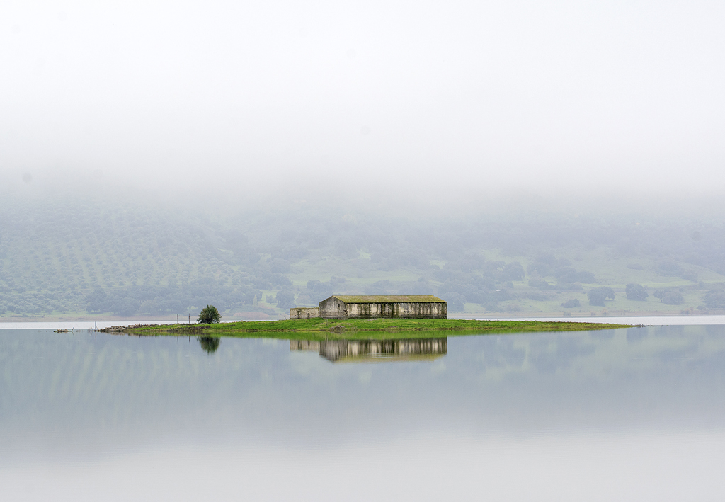 Niebla en el pantano
La niebla al levantarse y convertirse en estratos bajos dejó ver esta casa en una isla y su reflejo en el agua.
