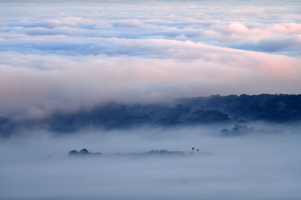 Mar de nubes (I)
Una densa niebla sólo deja ver las zonas más elevadas del centro de Mallorca.
