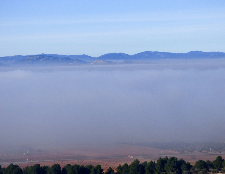 NIEBLA EN LA MANCHA
Foto tomada desde el cerro de los molinos de Alcázar de San Juan, apreciándose la niebla baja en el valle y sobresaliendo, al fondo, los molinos de la vecina localidad de Herencia
