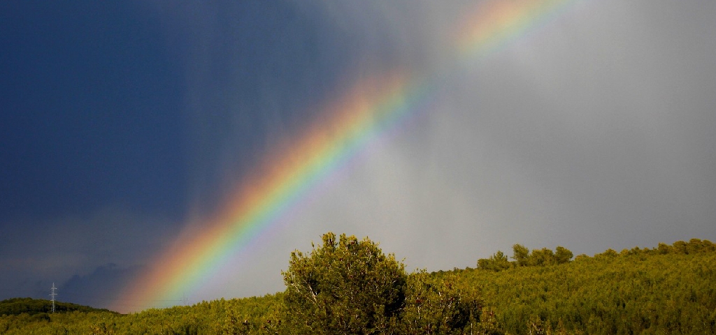 Arco iris con cortina de precipitación
Inusual arcoiris con una cortina de lluvia 
