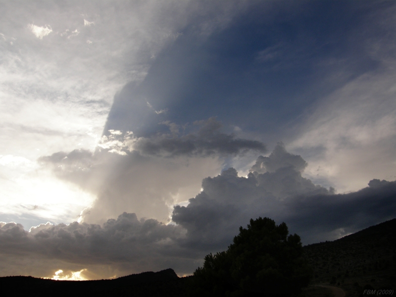 La sombra del CB
Fotografía tomada aal atardecer en la que se aprecia cómo la parte superior de un Cumulonimbus ha superado una capa de nubes altas estratificada y proyecta su sombra sobre la misma     
