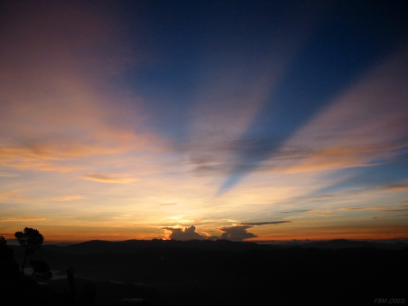 Sombras al amanecer de Cb's sobre Cs
Fotografía tomada al amanecer desde la cima del Volcán Santa María, Guatemala, a 3772 msnm. Dos cumulonimbus muy distantes se observan hacia el Mar Caribe, proyectando sus sombras sobre la capa de cirrostratus superior.

