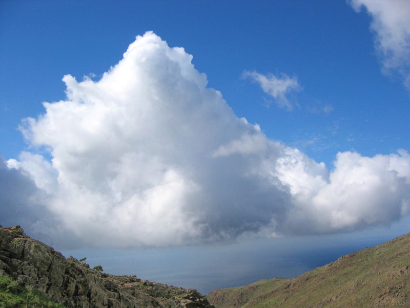 Cumulus mediocris 
Cúmulos de convección oceánica de base muy baja que se mantienen estáticos sobre el océano en calma frente a los acantilados de Teno, en el Norte de Tenerife.  
Álbumes del atlas: cumulos_mediocris