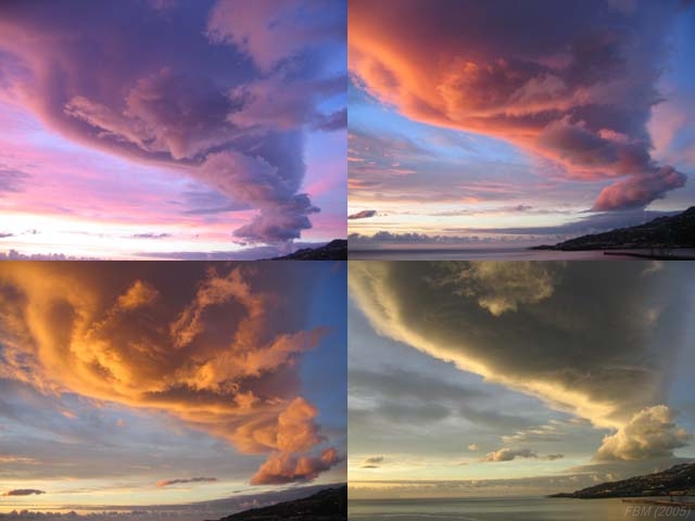 Cambio de color al amanecer
Estas cuatro  fotografías fueron tomadas sucesivamente en un intervalo de 14 minutos, y muestran el cambio de color al amanecer de una nube situada en el seno de una onda de montaña el día de Navidad de 2005 en el Este de La Palma, con vientos del Oeste
Captar el cambio de color fue posible pues la nube estaba estática, como siembre sucede con este tipo de nubes. A ello se unió la buena luminosidad existente (ausencia de nubes hacia el Este que obstaculizaran la llegada de la luz del sol  y una excelente visibilidad)
Álbumes del atlas: secuencias_fotograficas