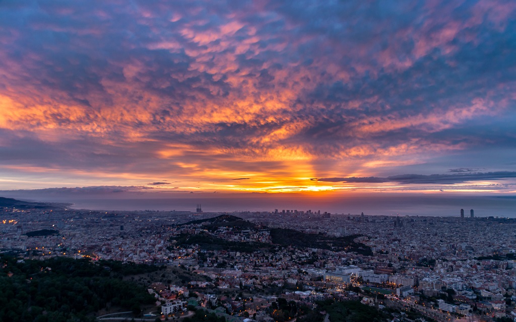 ALTOSTRATUS MAMMA
Coincidiendo con la salida del Sol una capa de As transcurre sobre la ciudad de Barcelona. Cuando el astro aparece entre el horizonte y la capa de nubes ilumina de manera fugaz su base en la que aparece una clara estructura de mammas.
