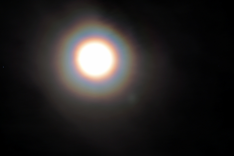 Corona lunar. 
Había visto irisaciones con luna llena, pero era la primera vez que veía una corona lunar.
