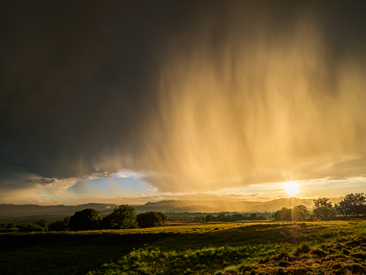 Cuando ya parecía que las tormentas de la tarde habían terminado, se acercó desde el norte una amplia però fina cortina de lluvia. Pensé que si me robrepasaba antes de ponerse el sol podría observarse un bonito arcoiris. Con una luminosidad especial, primero se colorearon las cortinas con el sol casi en el horizonte justo antes de pasar por encima nuestro, y después el arcoiris fué espectacular. La jornada terminó con un no menos espectacular candilazo.
