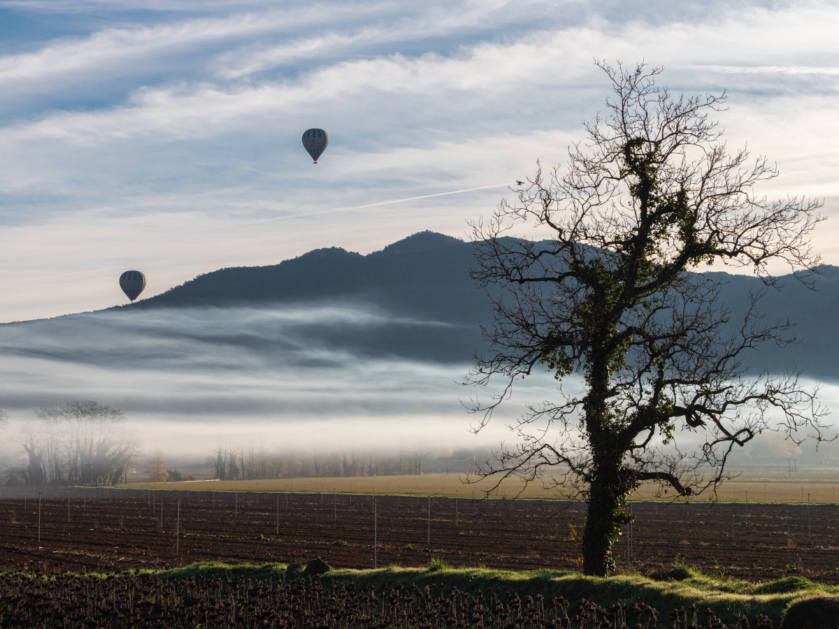 El humo de una fábrica cercana se mantenía a ras de suelo debido a la inversión térmica que había este día en la Vall d'en Bas, con una temperatura rondando los 0 grados en el fondo del valle.
