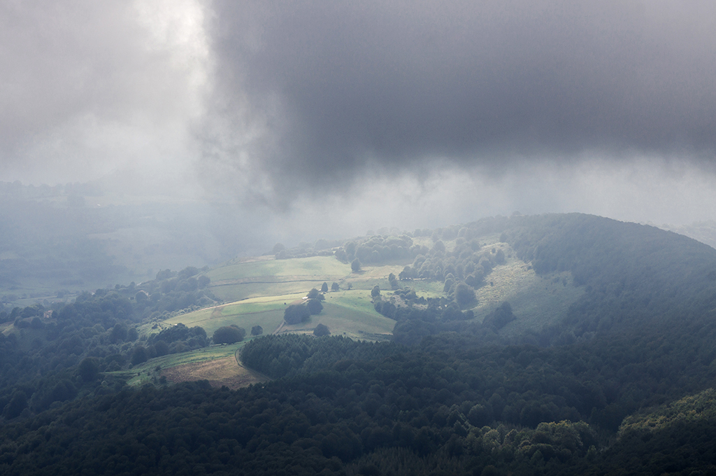 Luz en el prado bajo la niebla
Tarde húmeda, bajan las nubes. Efímeros rayos de sol iluminan el valle.
