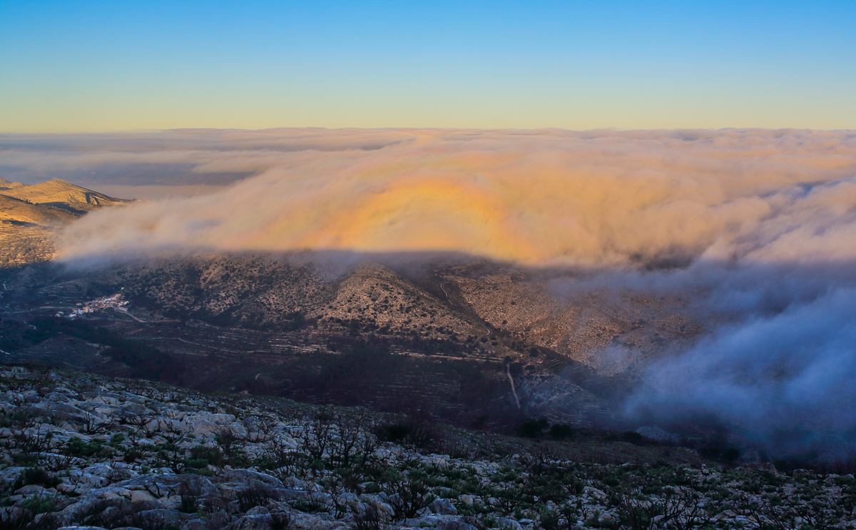 Mar de nieblas o tal vez de nubes bajas que se formaron por la mañana sobre las montañas de Vall de Alcalá y Tollos, yo me encontraba en la cumbre de la Sierra de Alfaro, la cual proyectaba su sombra sobre ellas pudiéndose observar durante unos minutos una llamativa y enorme gloria.
