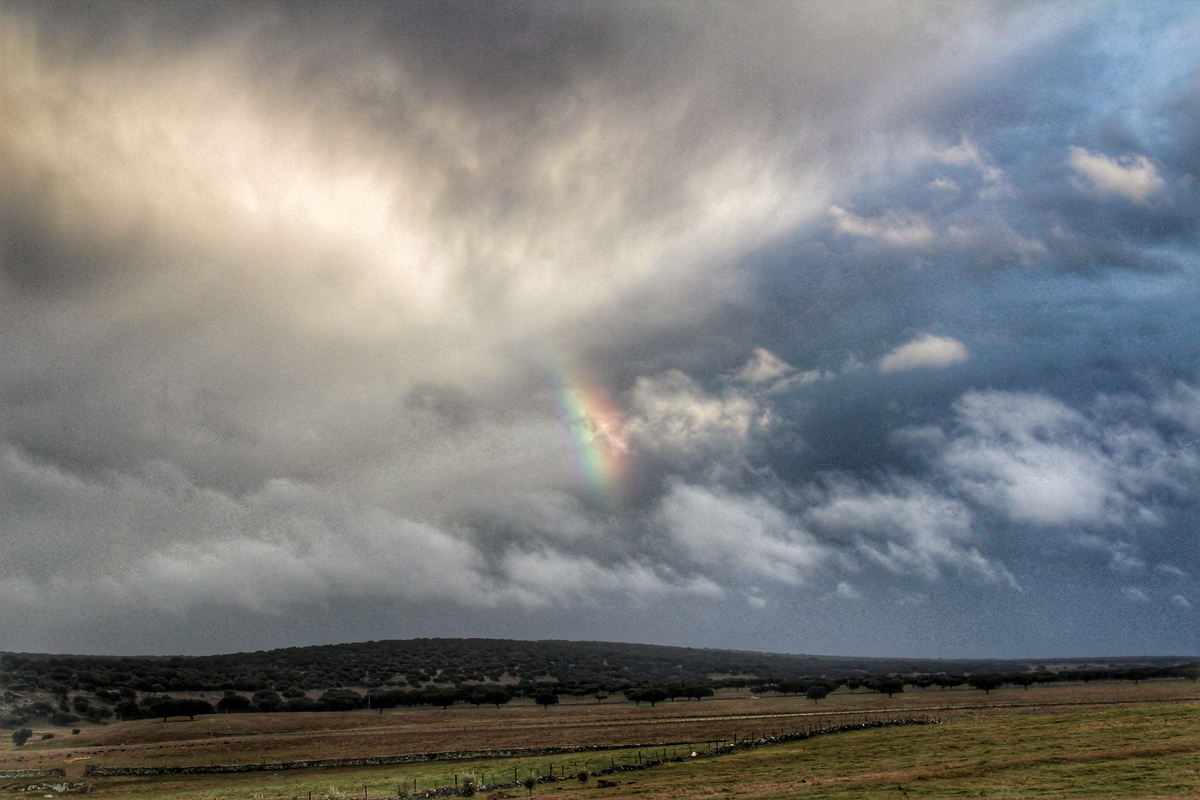 Día de intensas precipitaciones que se combinó con ratos cortos de sol y provocó la aparición de un arcoiris bien definido aunque en este caso se escondió supongo entre varias capas de nubes pero siempre bonito de ver 
