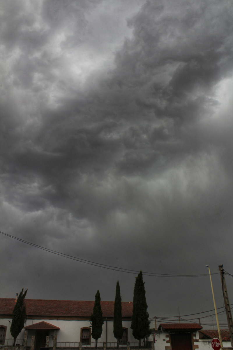 Tenía la tormenta tan encima y sin margen de movimiento para poder desplazarme y fotografiarla mejor, que no se me ocurrió otro título que éste, pues la tormenta fue tan intensa y bonita pero al mismo tiempo algo estática que no me quedó otro remedio que fotografiarla así con este encuadre, pero esa nube había que inmortalizarla.
