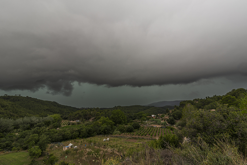 Fuerte tormenta con arcus asociado y tonos verdes acercándose por la mañana por el oeste y que dejó 16.2 mm. 
