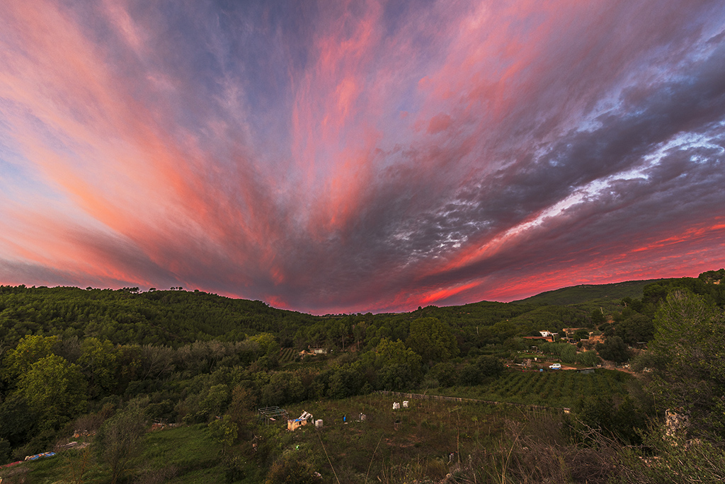 Espectacular atardecer con altocúmulos radiatus que parecen un estallido. 
