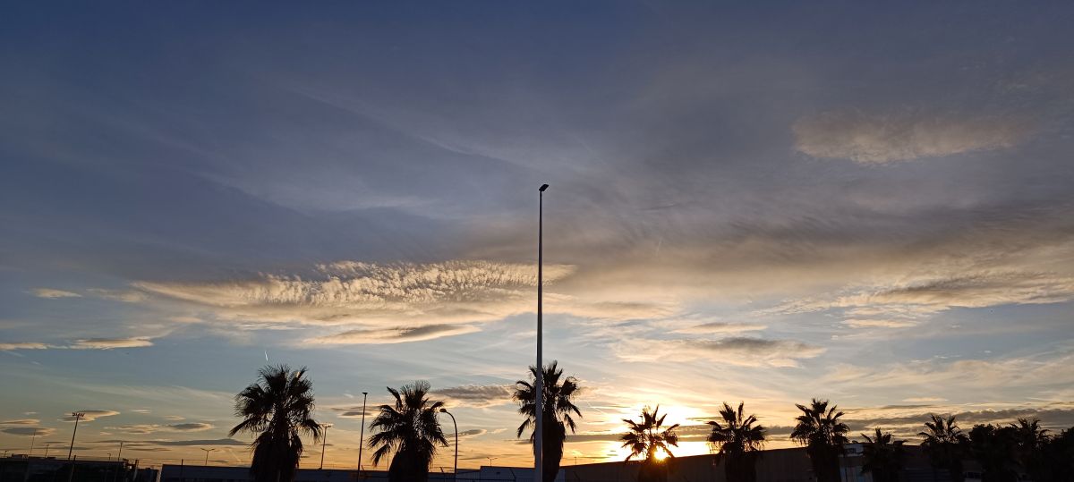 Bella imagen contrastante al atadecer, en la que los rayos de luz recaen sobre altocúmulo, haciéndolo relucir como escamas de un pez desplazándose sobre el cielo.
