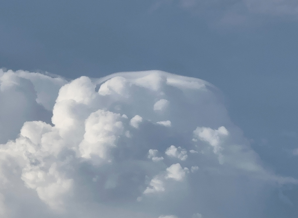 Aquí podéis ver una nube cumulus con una nube fina de pileus en cima. Este tipo de formación de nube no es muy usual y se forma en condiciones específicas cuando el aire asciende muy rápido y condensa para formar estas nubes pileus.
